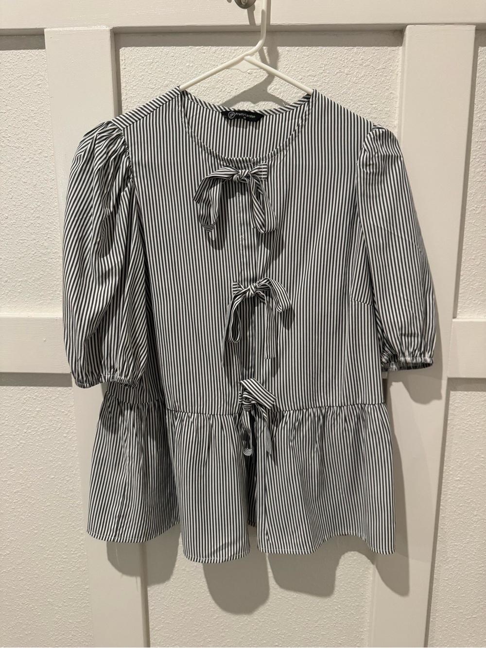 Gray & White Striped Tie-Front Peplum Blouse